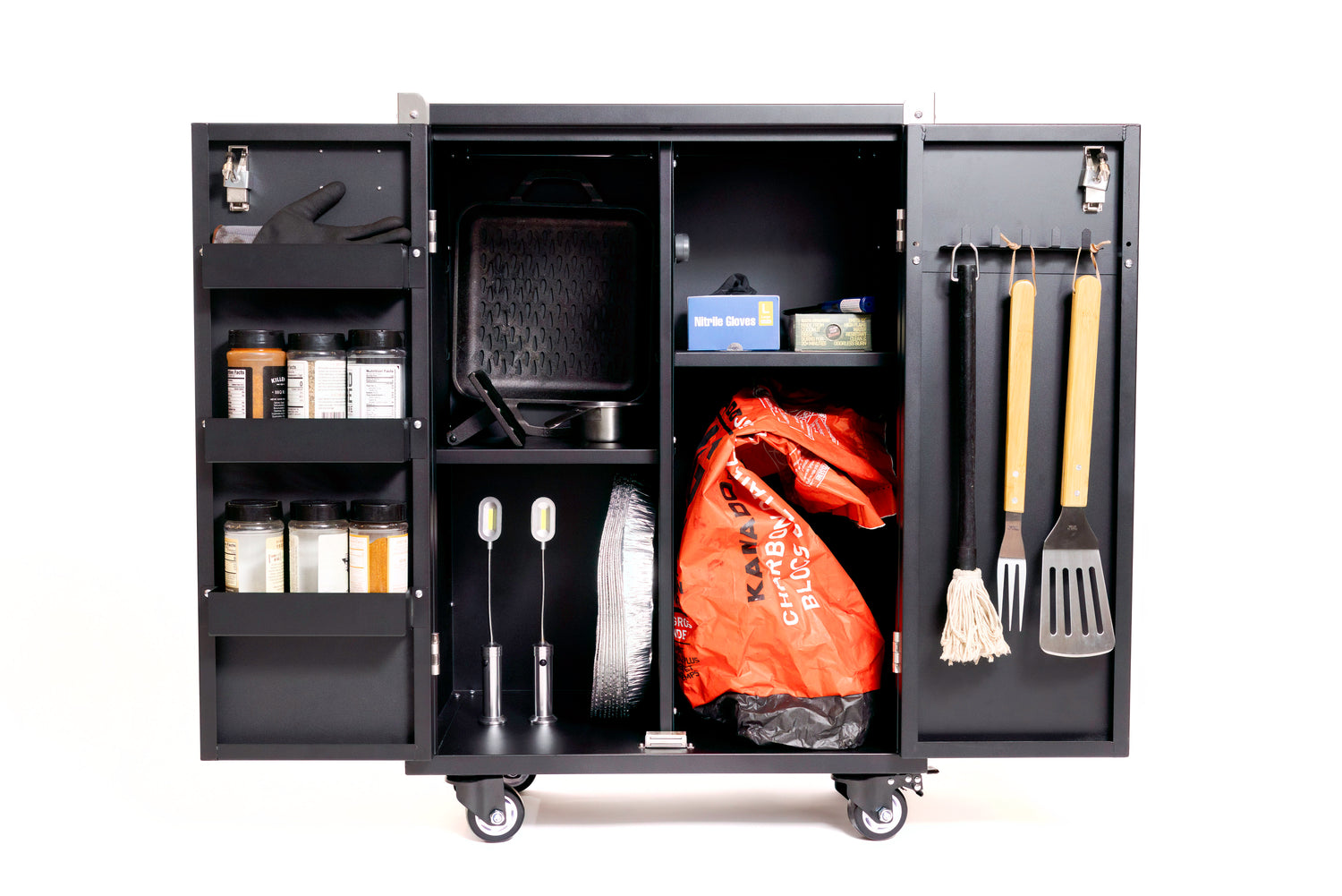 GrillBox with grilling utensils and supplies on a white background